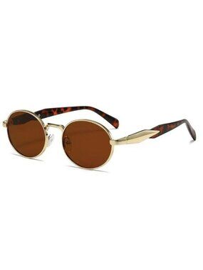 Oval Gold Metal Frame Sunglasses Brown Lenses Tortoiseshell Arms Retro Vintage